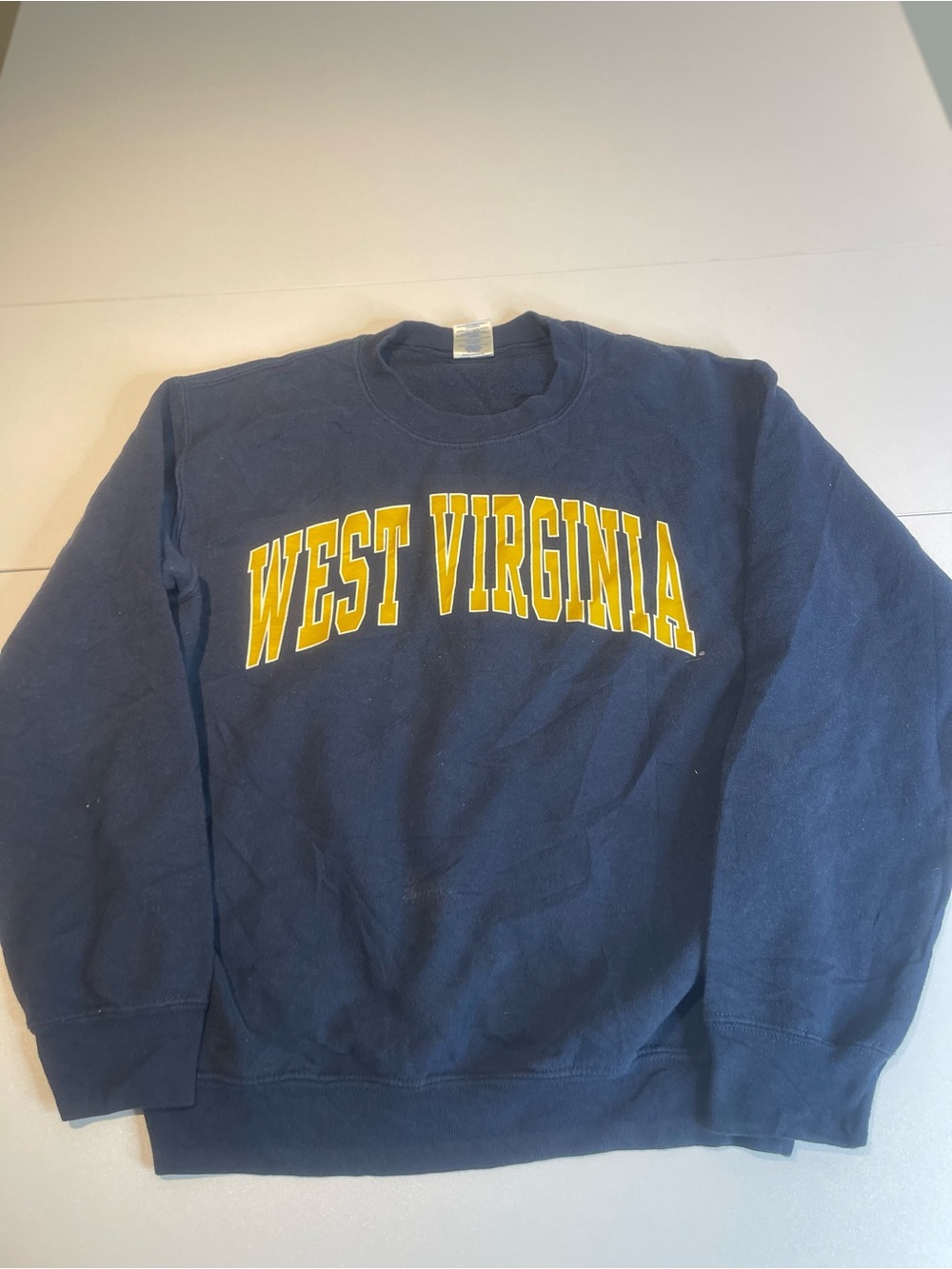 Gildan Navy Crewneck Sweatshirt with Yellow West Virginia Arch
